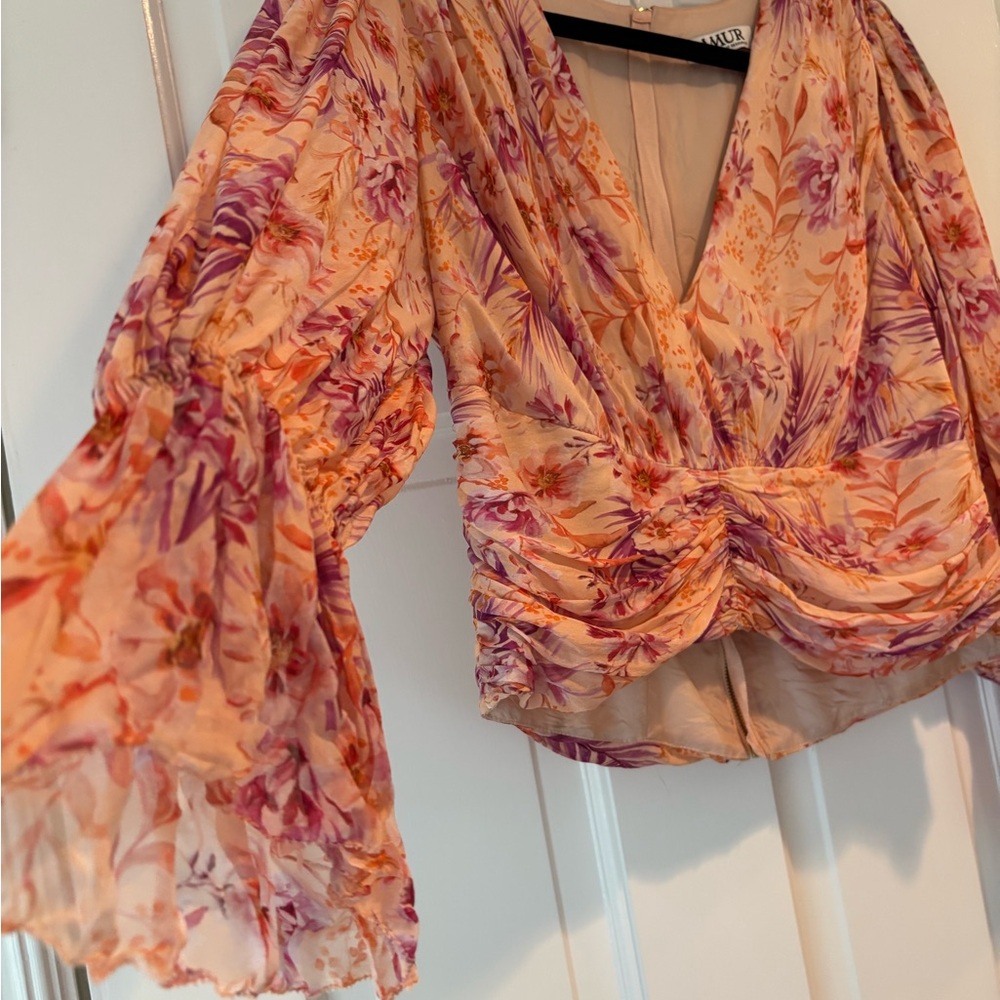 AMUR Mandarin color Ruched Blouse in Orange and Pink